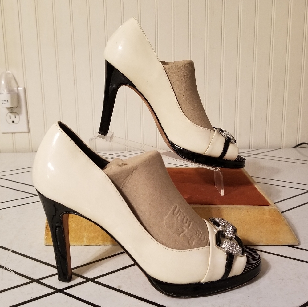 Beverly Feldman ivory patent glitzy crystal heel